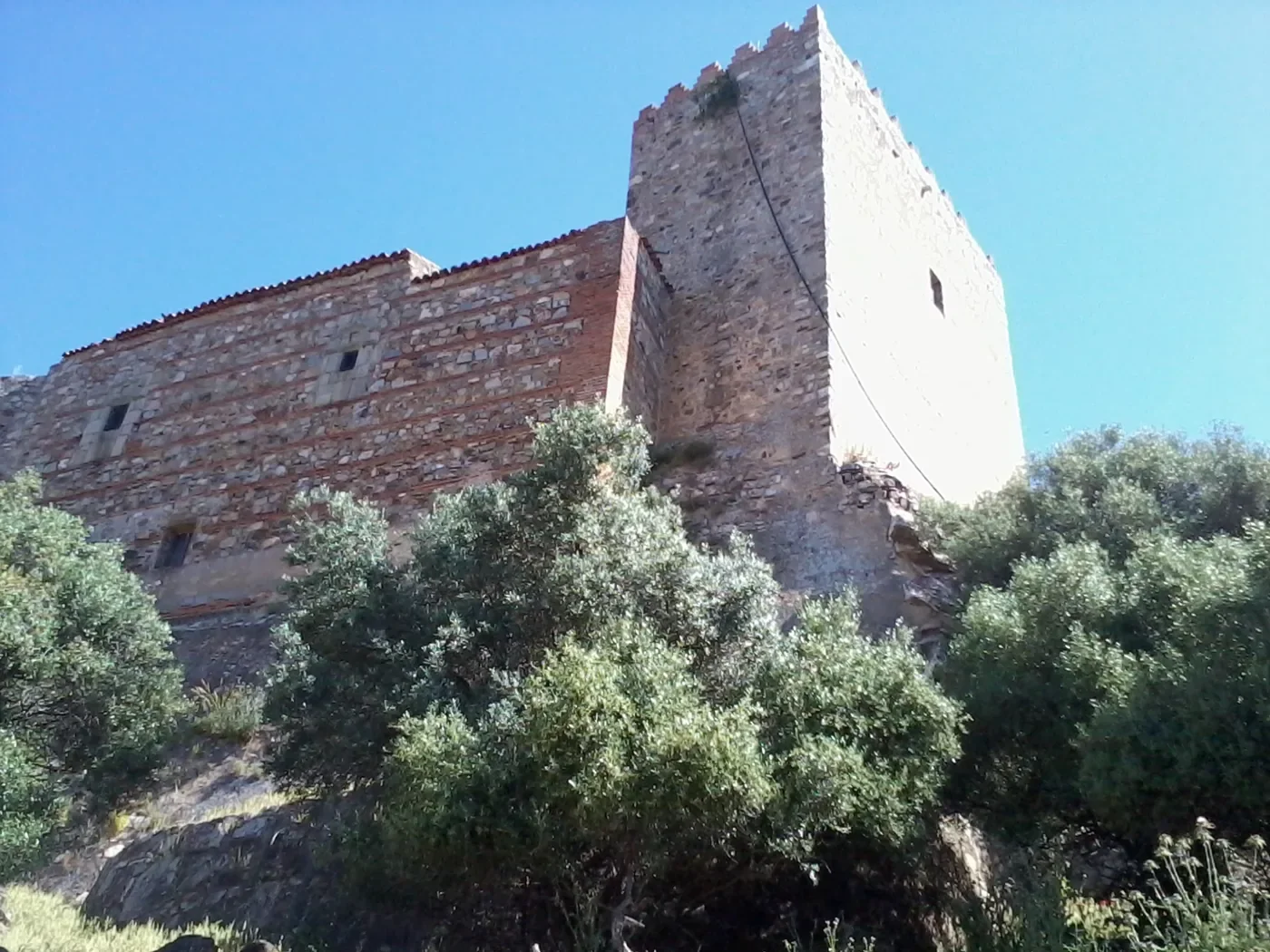 Torre del castillo de Madroñiz entre la vegetación