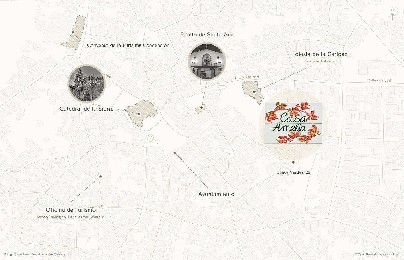 Mapa del centro de Hinojosa del Duque con la casa y varios puntos de interés cercanos